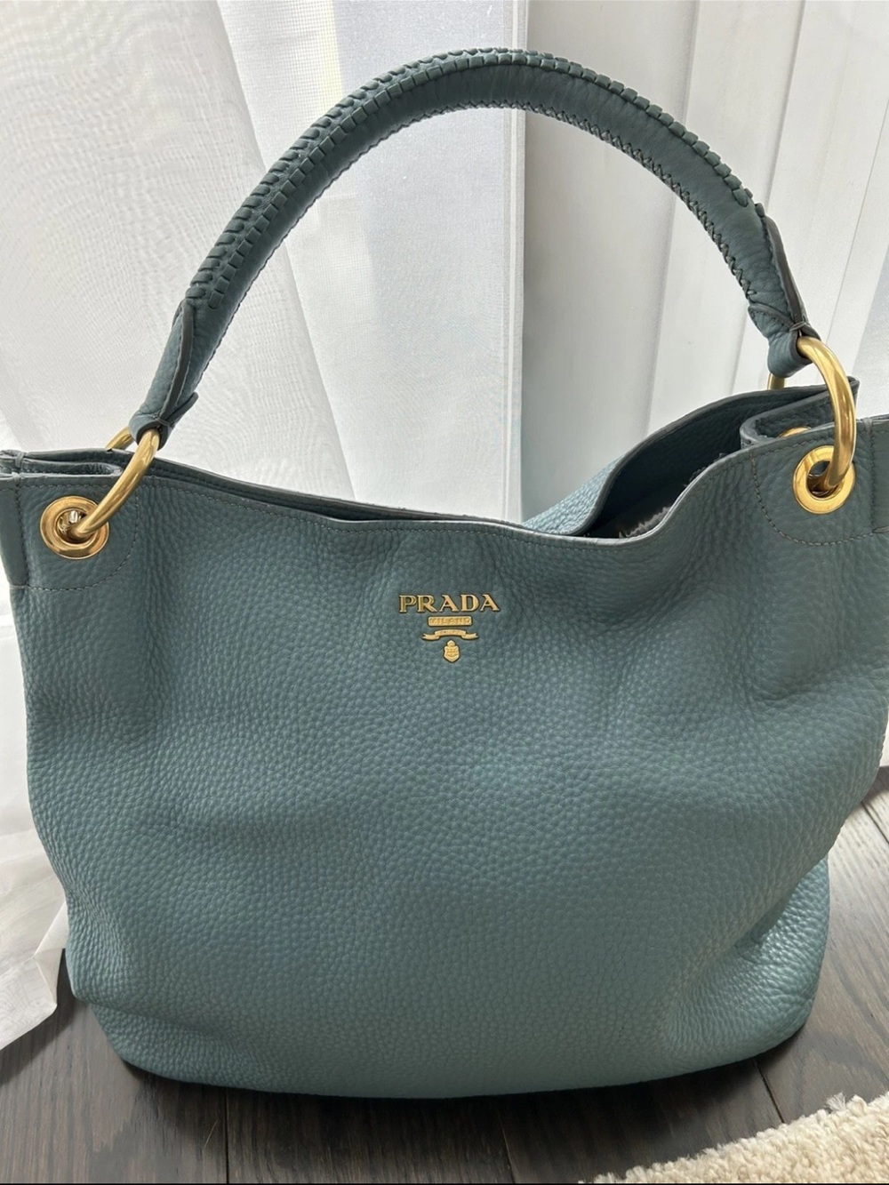 Vintage Authentic Prada Vitello Phenix Hobo -Teal Pebbled Leather Braided Handle